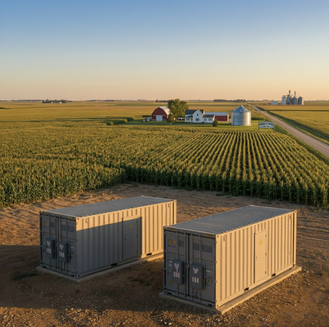 Battery energy storage containers on an Illinois farm