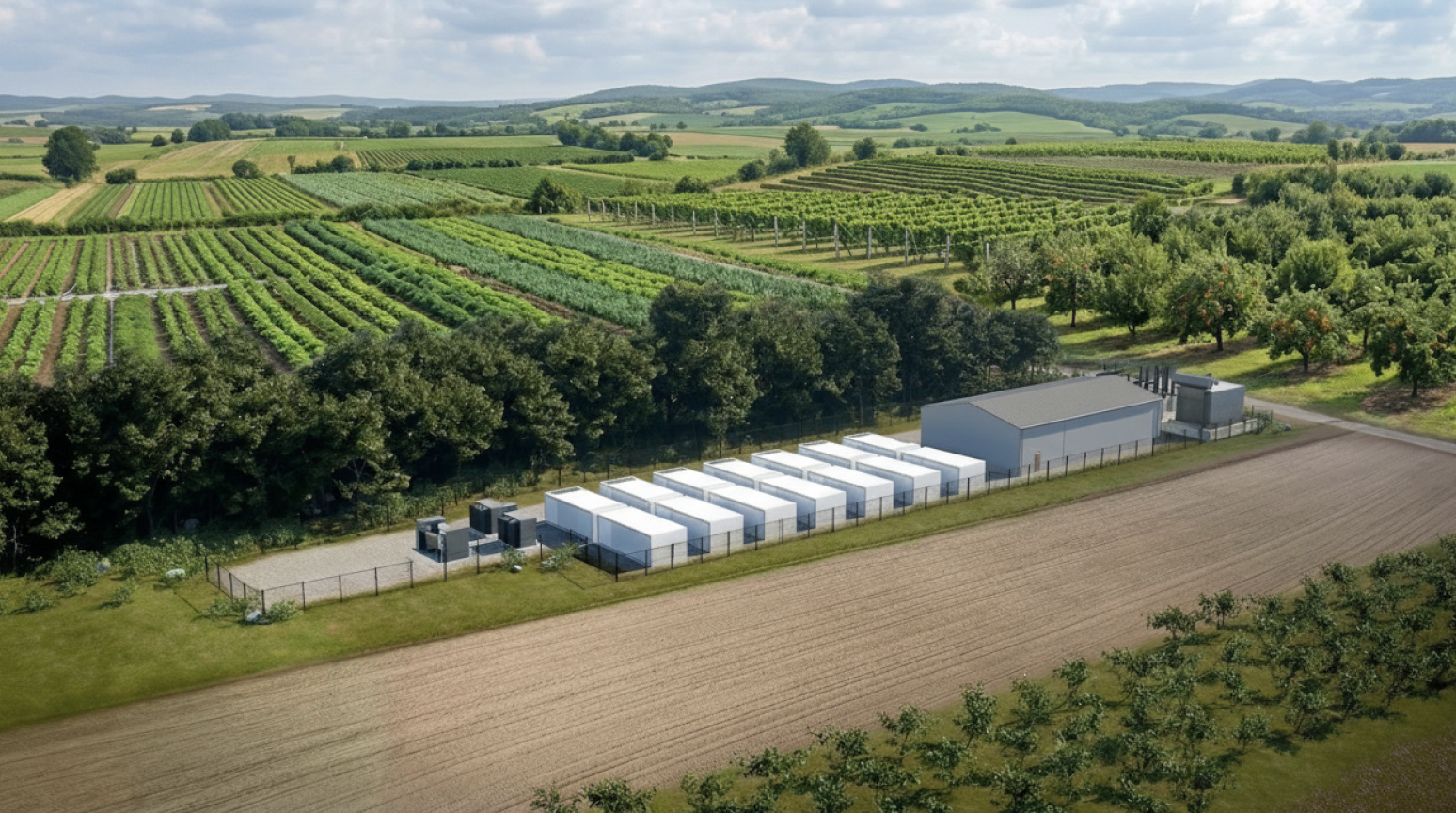 Aerial view of a battery energy storage facility with fencing on agricultural land