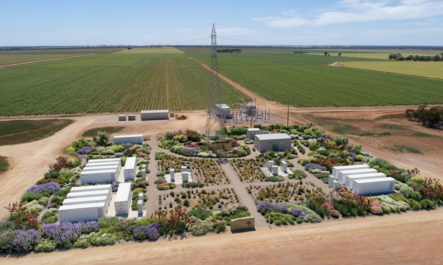 Battery storage installation with native landscaping and transmission tower
